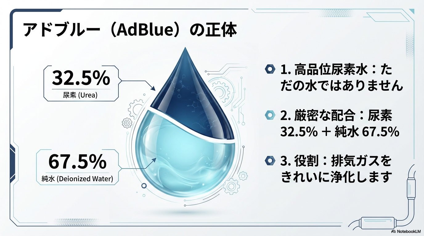アドブルーの成分内訳を示す円グラフ。高品位尿素が32.5パーセント、純水が67.5パーセントで構成され、排気ガスを浄化する役割を持つ。
