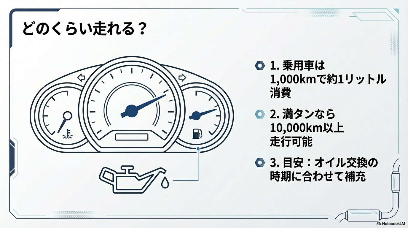 アドブルーの消費量目安を示す図。乗用車は1,000kmで約1リットルを消費し、満タンなら10,000km以上走行可能。オイル交換時期に合わせた補充を推奨。