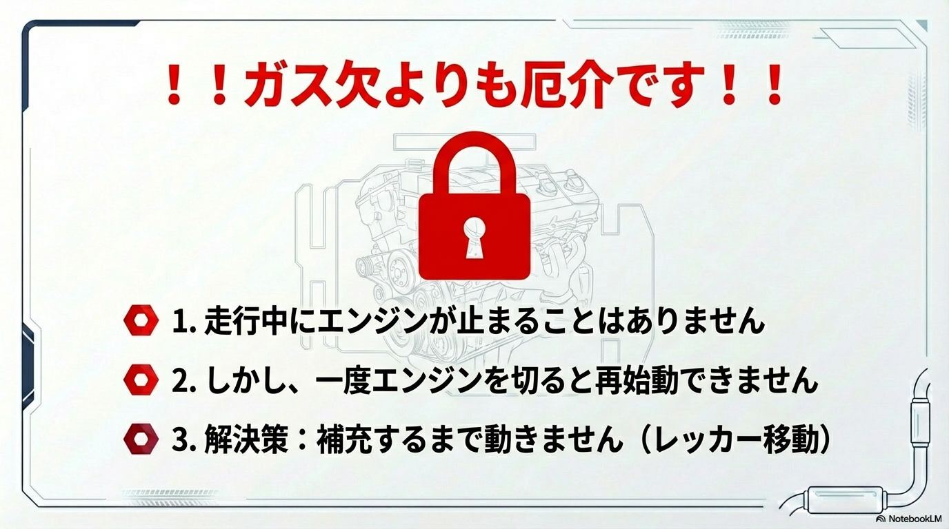 アドブルーが切れた際のリスク解説。走行中に止まることはないが、一度エンジンを切ると再始動できなくなり、レッカー移動が必要になることを警告。