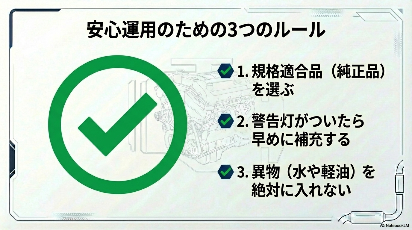 アドブルー運用の重要ポイントまとめ。1.規格適合品（純正品）を選ぶ、2.警告灯がついたら早めに補充、3.異物を絶対に入れないことの3点を推奨。