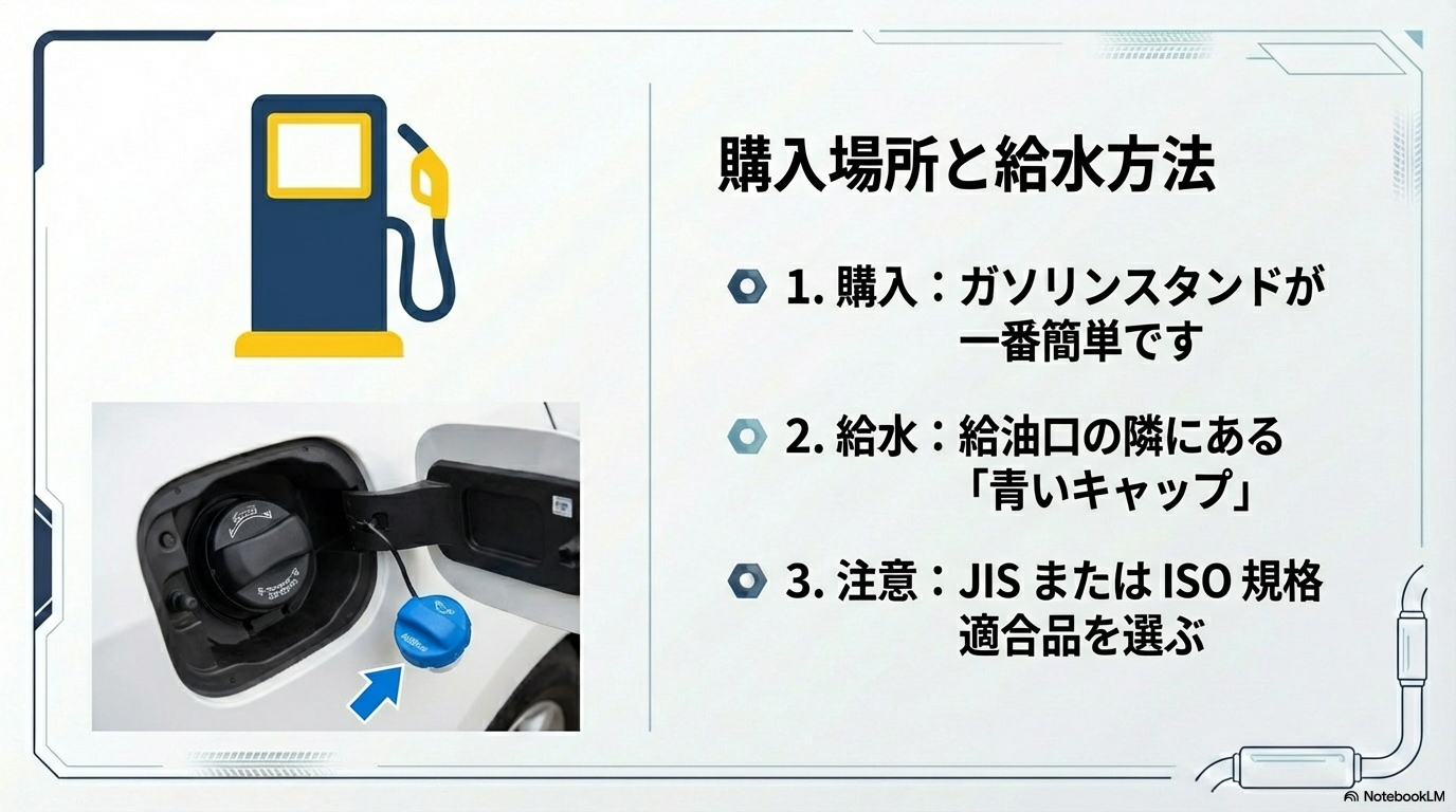 アドブルーの給水方法解説図。給油口の隣にある青いキャップが目印。ガソリンスタンドでの購入やJIS・ISO規格適合品を選ぶ重要性を説明。