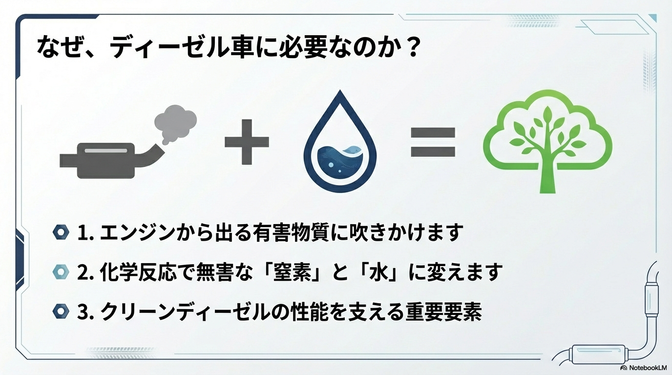 アドブルーが排気ガスを浄化する仕組みの図解。エンジンから出る有害物質に吹きかけることで、化学反応により無害な窒素と水に変換される。