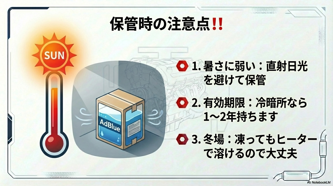 アドブルー保管時の注意点まとめ。直射日光を避けた冷暗所での保管で1〜2年持つことや、冬場に凍結してもヒーターで溶けるため問題ないことを解説。