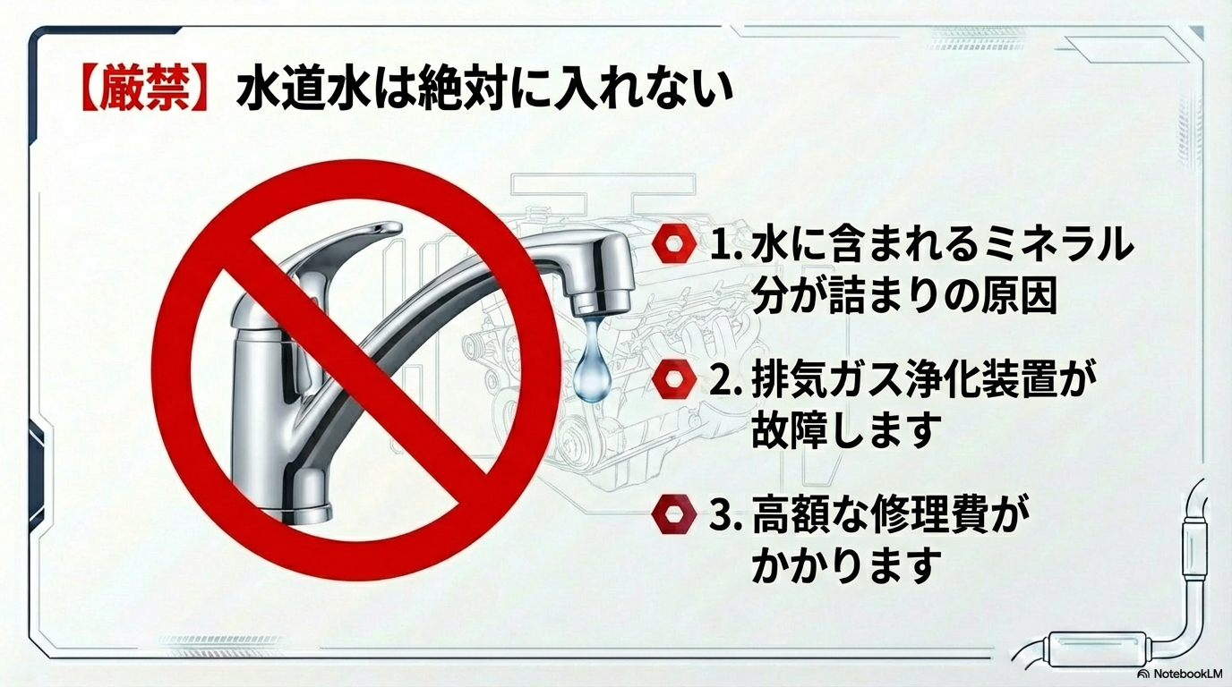 アドブルーの代わりに水道水を入れることの危険性を説明。ミネラル分が詰まりの原因となり、排気ガス浄化装置の故障や高額な修理費につながる。