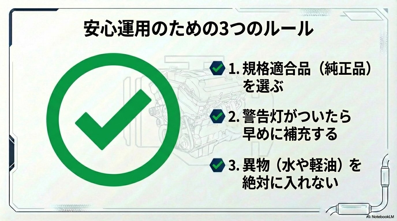 アドブルー運用の重要ポイントまとめ。1.規格適合品(純正品)を選ぶ、2.警告灯がついたら早めに補充、3.異物を絶対に入れないことの3点を推奨。