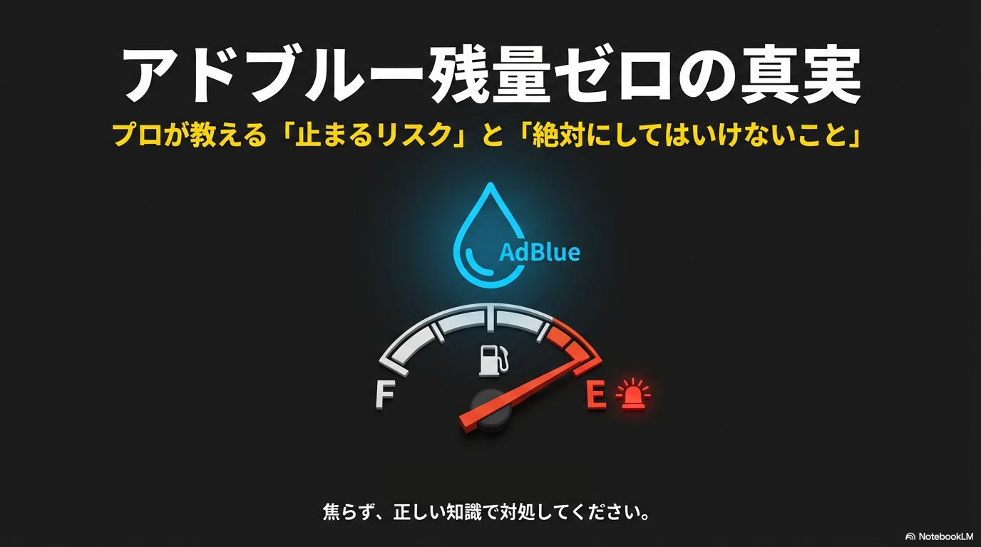 アドブルーの残量がゼロになった時の緊急対策マニュアル。燃料計のEマークと警告灯のイラスト。