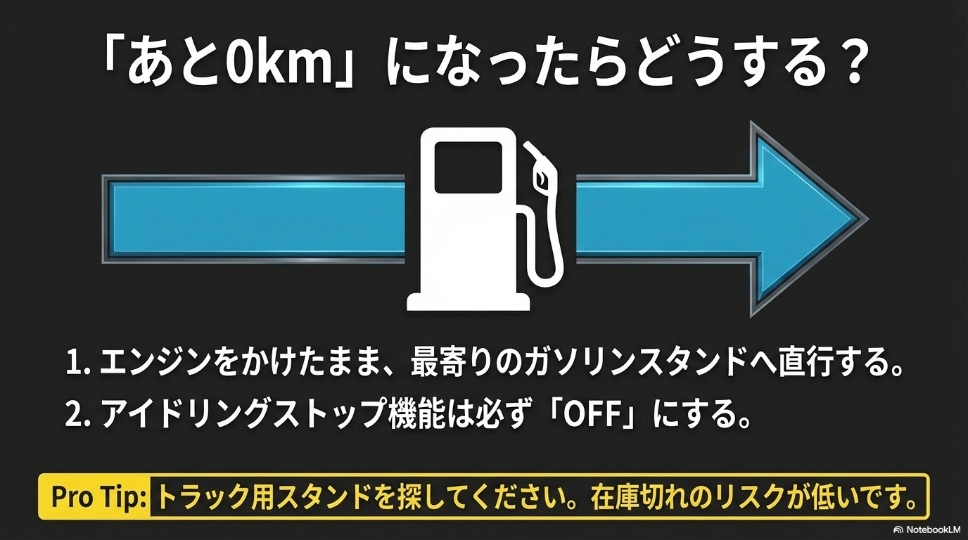 アドブルー残量0km時の対処法。エンジンをかけたままトラック対応のガソリンスタンドへ直行し、アイドリングストップはOFFにします。