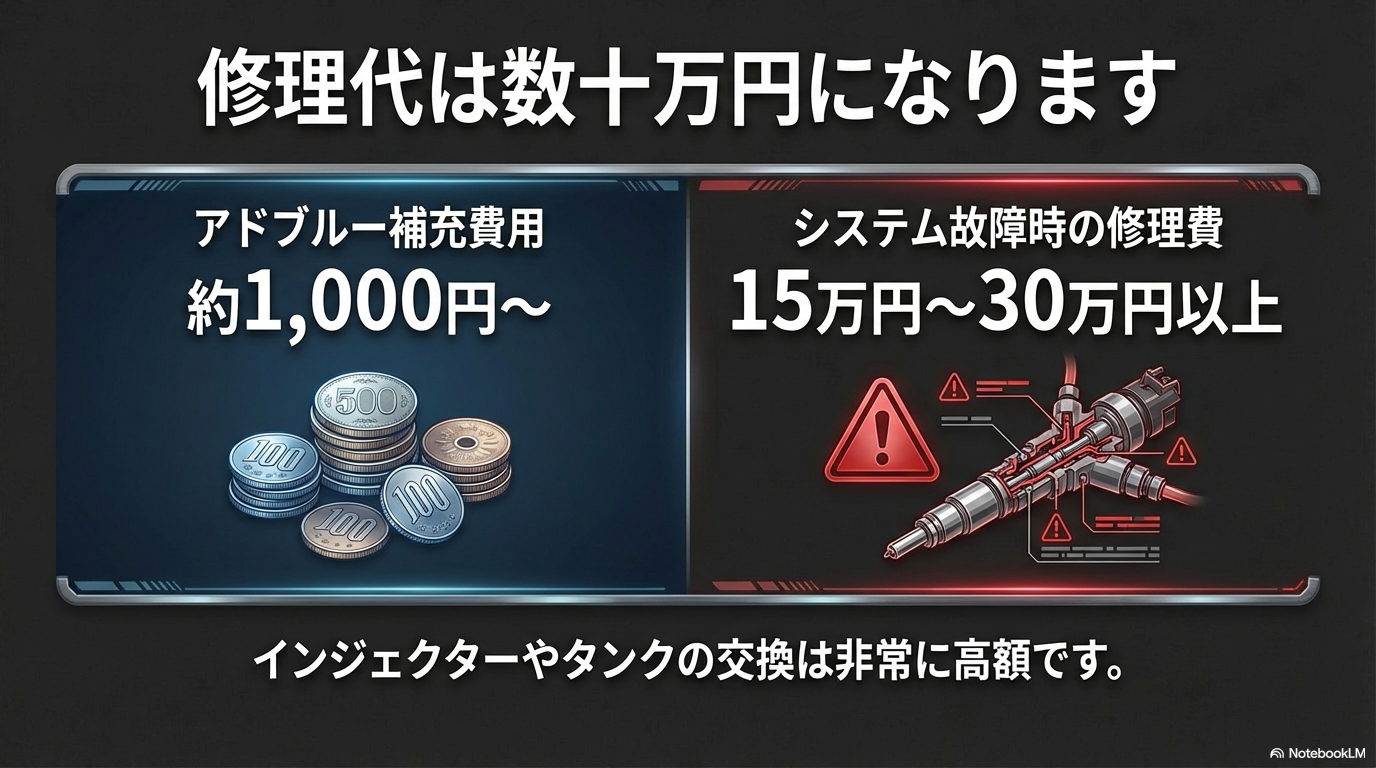 アドブルー補充は約1,000円ですが、故障時のインジェクターやタンク交換修理費は15万円〜30万円以上かかります。