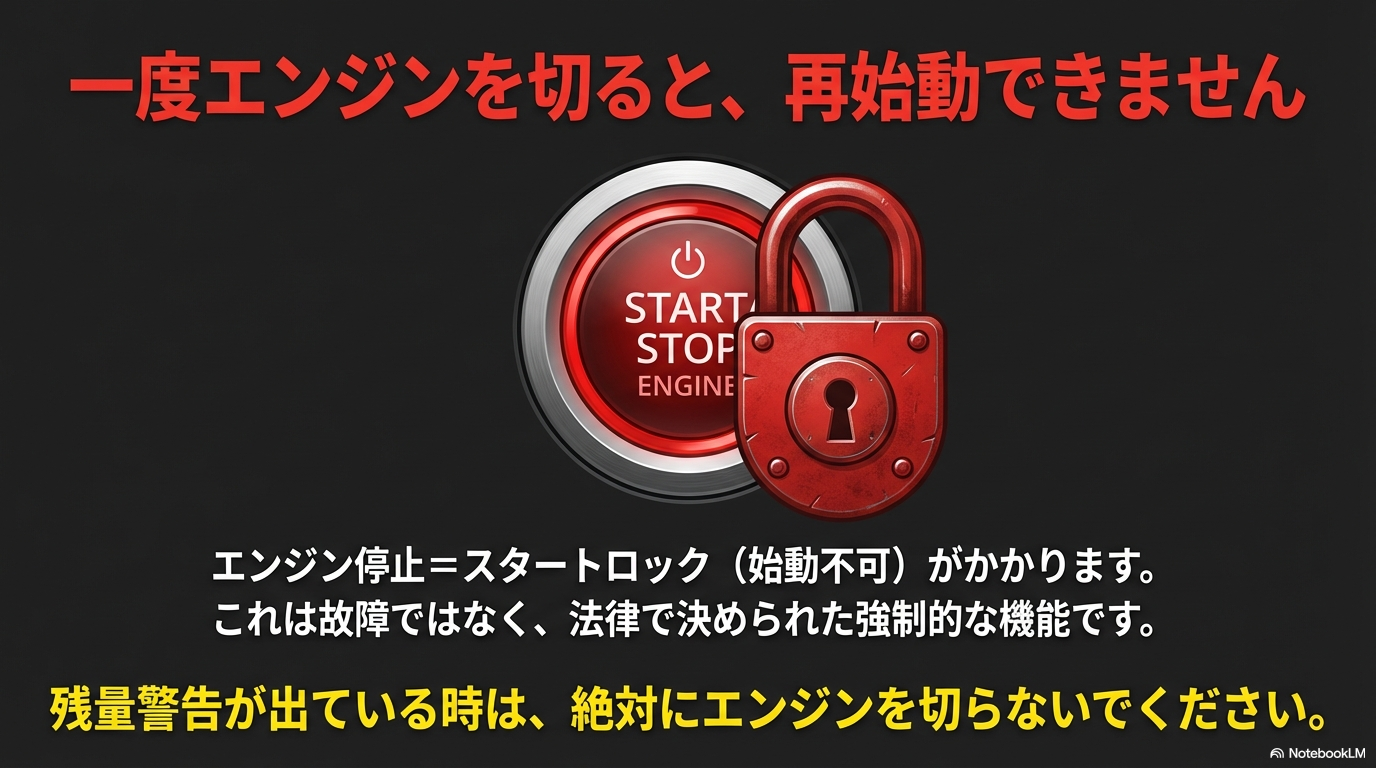 アドブルー切れで一度エンジンを切ると、法律で定められたスタートロックがかかり再始動できません。