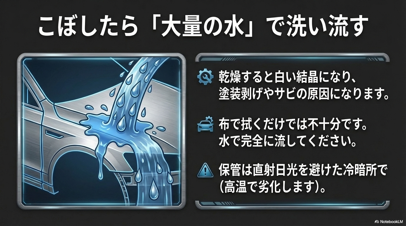 アドブルーをボディにこぼした際は大量の水で洗い流してください。乾燥すると結晶化し塗装剥げやサビの原因になります。