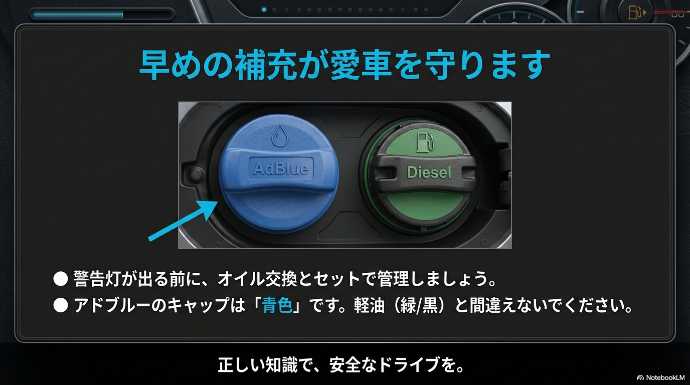 誤給油防止のためキャップの色を確認してください。青色がアドブルー(AdBlue)、緑色が軽油(Diesel)です。