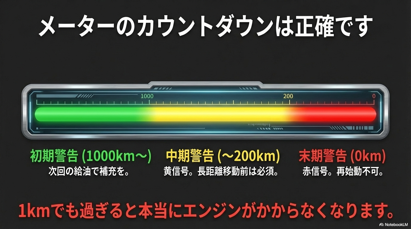 アドブルーの残量メーター警告表示。初期警告(1000km)から末期警告(0km)までのカウントダウンは正確です。