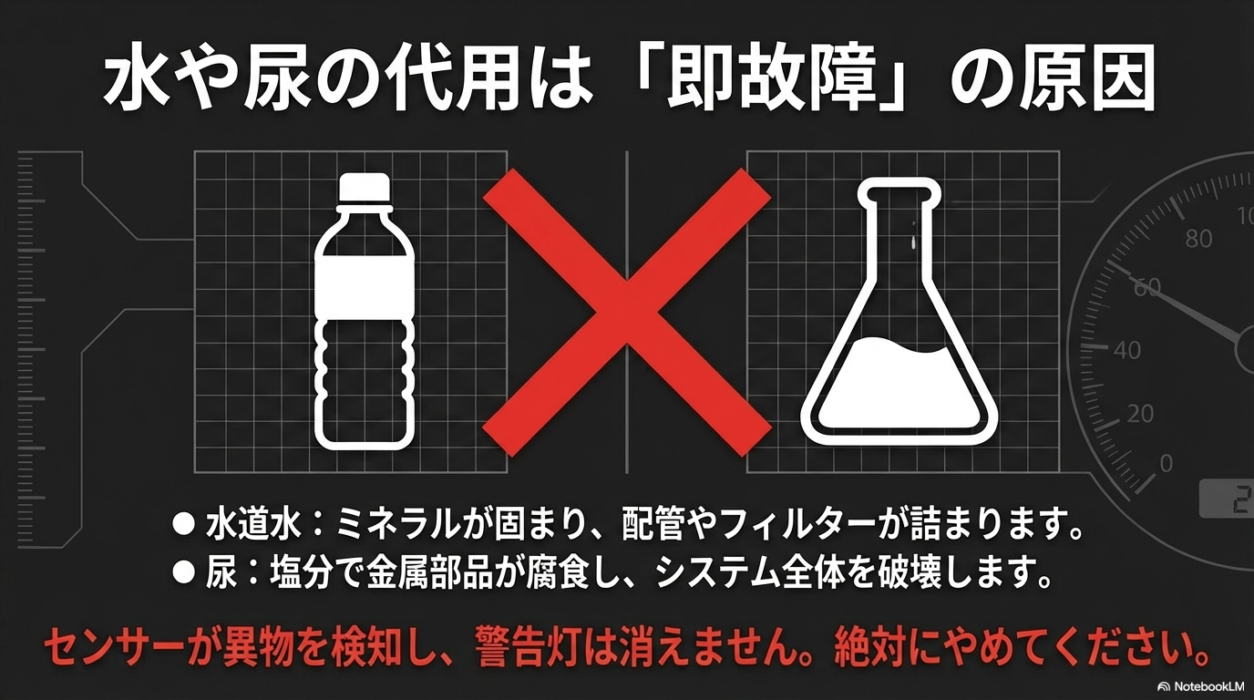 アドブルーの代用に水道水や尿を使うと、ミネラルや塩分で配管詰まりや金属腐食を引き起こし即故障します。